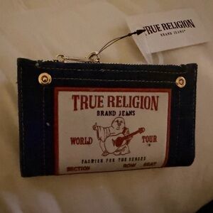 True Religion Black Denim Wallet with Red Accents